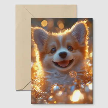 Happy Corgi Puppy Golden Bokeh Lights