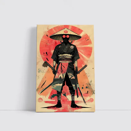 Masked Samurai Warrior Dual Swords Red Background