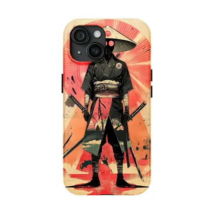 Masked Samurai Warrior Dual Swords Red Background