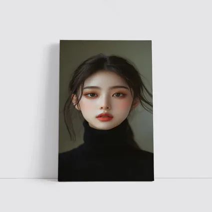 Asian Woman Portrait Dark Turtleneck Neutral Background