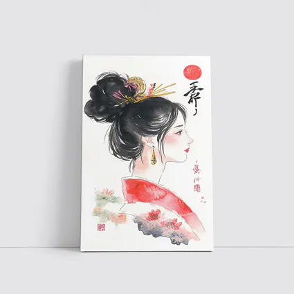 Japanese Ink Painting Woman Profile Red Sun