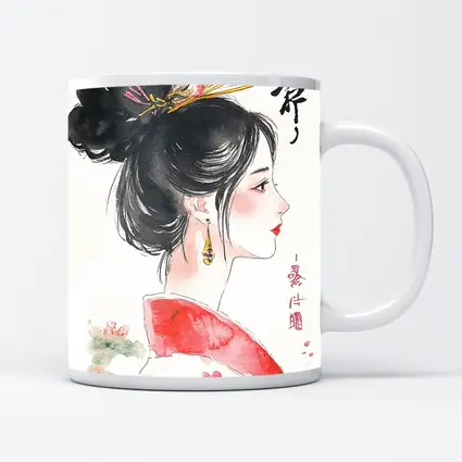 Japanese Ink Painting Woman Profile Red Sun