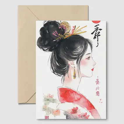 Japanese Ink Painting Woman Profile Red Sun