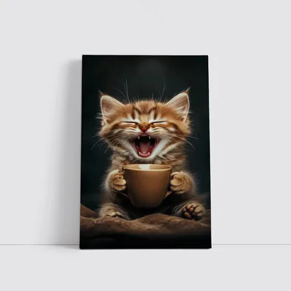 Funny Kitten Holding Coffee Cup Dark Background