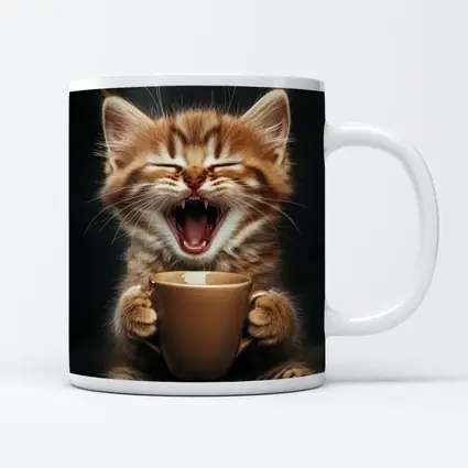 Funny Kitten Holding Coffee Cup Dark Background