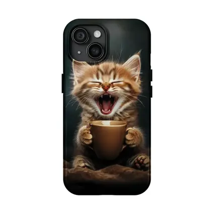Funny Kitten Holding Coffee Cup Dark Background