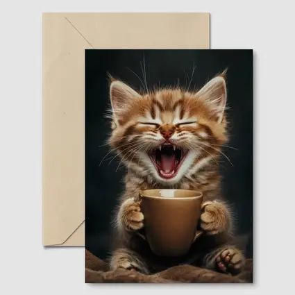 Funny Kitten Holding Coffee Cup Dark Background