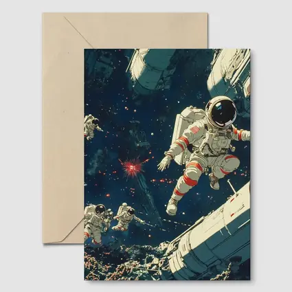 Astronauts Floating In Deep Space Retro Art