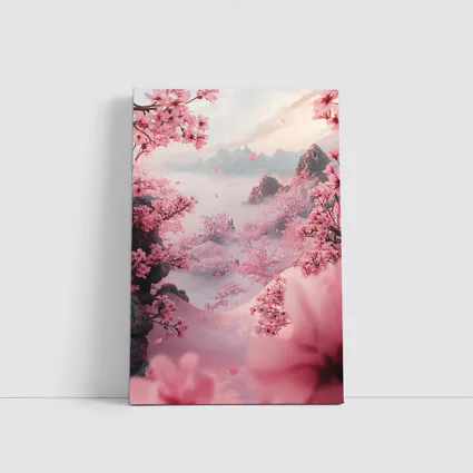 Cherry Blossoms Misty Mountain Valley Landscape