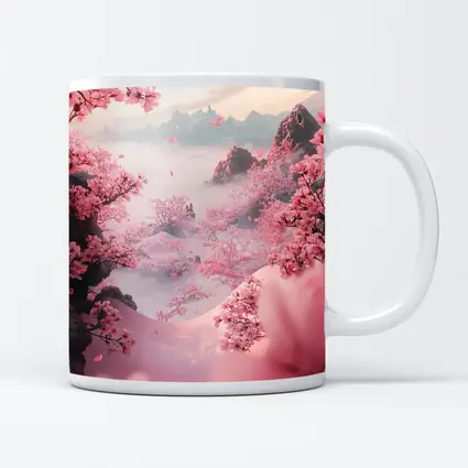 Cherry Blossoms Misty Mountain Valley Landscape