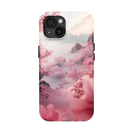 Cherry Blossoms Misty Mountain Valley Landscape