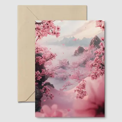 Cherry Blossoms Misty Mountain Valley Landscape