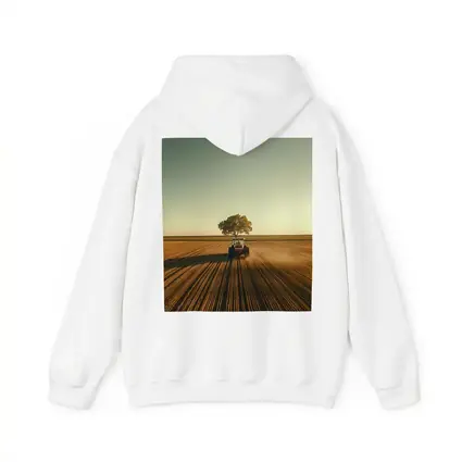 Red Tractor Plowing Field Lone Tree