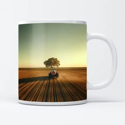 Red Tractor Plowing Field Lone Tree