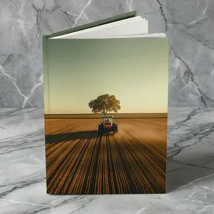 Red Tractor Plowing Field Lone Tree