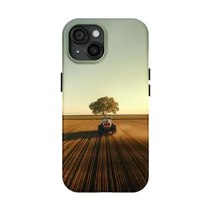 Red Tractor Plowing Field Lone Tree
