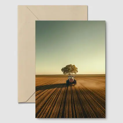 Red Tractor Plowing Field Lone Tree