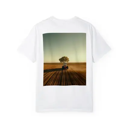 Red Tractor Plowing Field Lone Tree