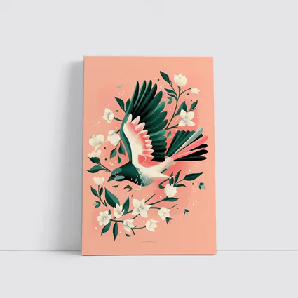 Flying Bird White Flowers Pink Background
