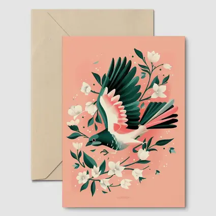 Flying Bird White Flowers Pink Background