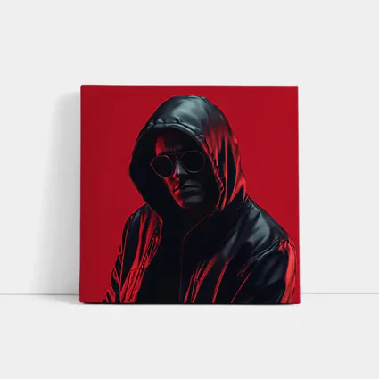 Hooded Man Black Leather Jacket Red Background
