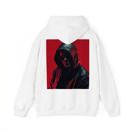 Hooded Man Black Leather Jacket Red Background