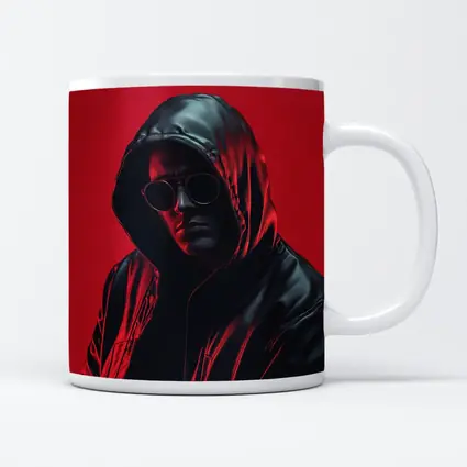 Hooded Man Black Leather Jacket Red Background
