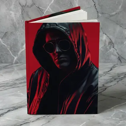 Hooded Man Black Leather Jacket Red Background