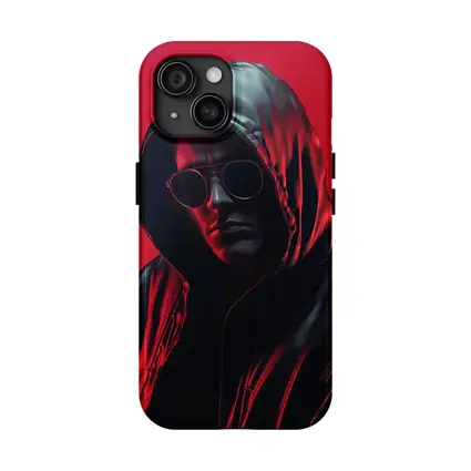 Hooded Man Black Leather Jacket Red Background