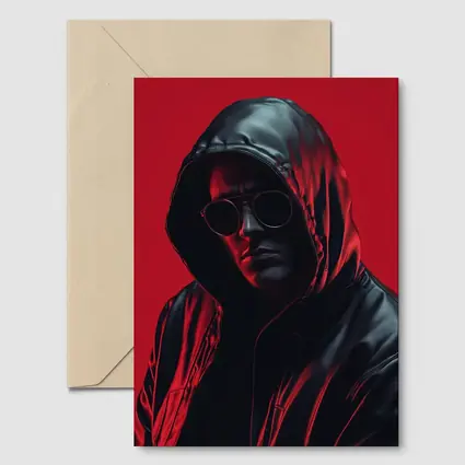 Hooded Man Black Leather Jacket Red Background