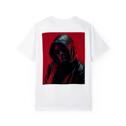 Hooded Man Black Leather Jacket Red Background