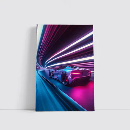 Supercar Speeding Through Neon Light Tunnel