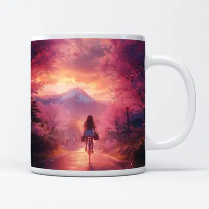 Anime Girl Cycling Cherry Blossom Mountain Path