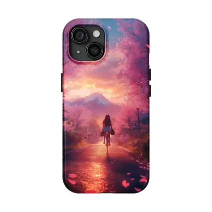 Anime Girl Cycling Cherry Blossom Mountain Path