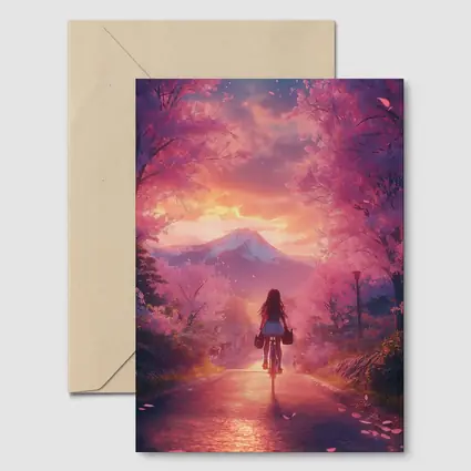 Anime Girl Cycling Cherry Blossom Mountain Path