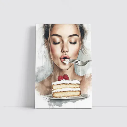Woman Eating Raspberry Cake Watercolor Art