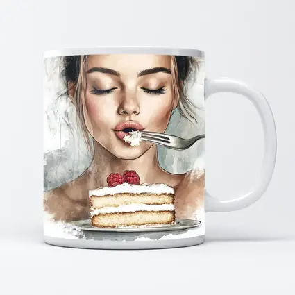 Woman Eating Raspberry Cake Watercolor Art