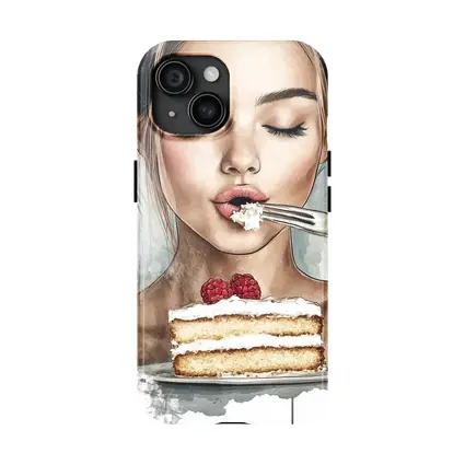 Woman Eating Raspberry Cake Watercolor Art