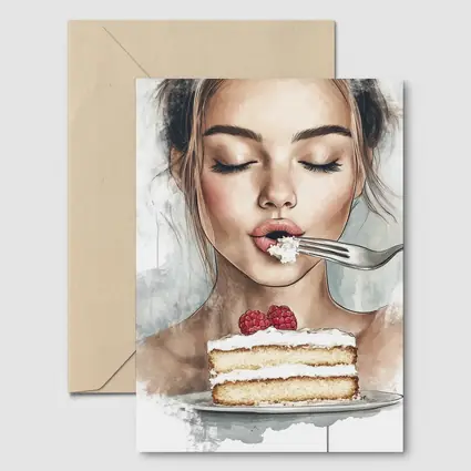 Woman Eating Raspberry Cake Watercolor Art