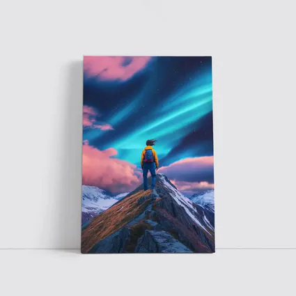 Hiker Standing on Mountain Peak Aurora Sky