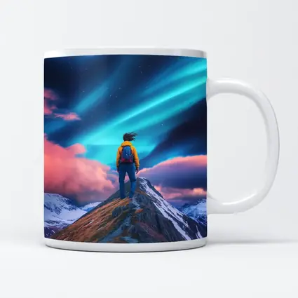 Hiker Standing on Mountain Peak Aurora Sky