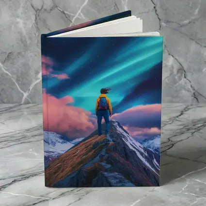 Hiker Standing on Mountain Peak Aurora Sky