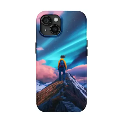 Hiker Standing on Mountain Peak Aurora Sky