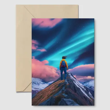 Hiker Standing on Mountain Peak Aurora Sky