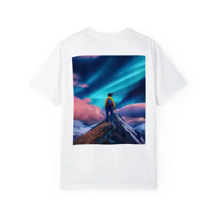 Hiker Standing on Mountain Peak Aurora Sky