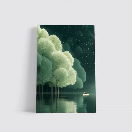 Lone Boat on Misty Forest Lake Night