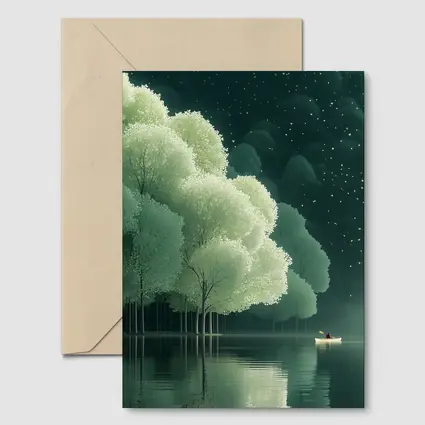 Lone Boat on Misty Forest Lake Night