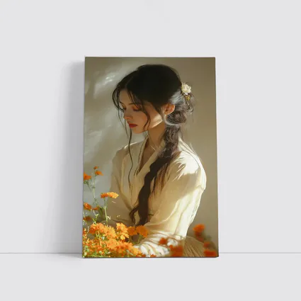 Asian Woman Marigold Flowers Soft Beige Background
