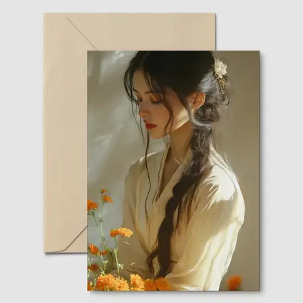 Asian Woman Marigold Flowers Soft Beige Background