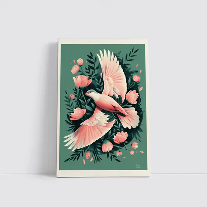 Pink Dove Flying Among Coral Flowers